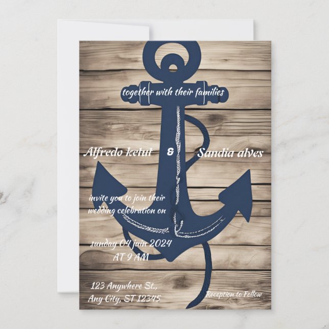 Invitation Ancre bleue Rustic Wood Marine Mariage nautique (Devant)