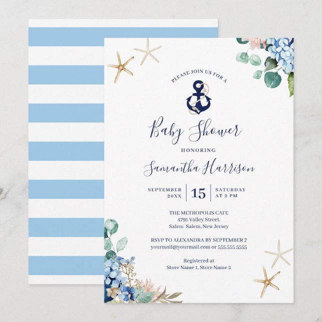 Invitation Ancre Blue Beach Baby shower floral nautique (Devant / Derrière)