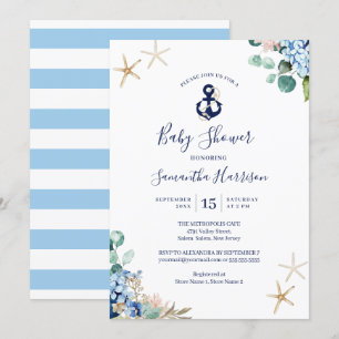 Invitation Ancre Blue Beach Baby shower floral nautique