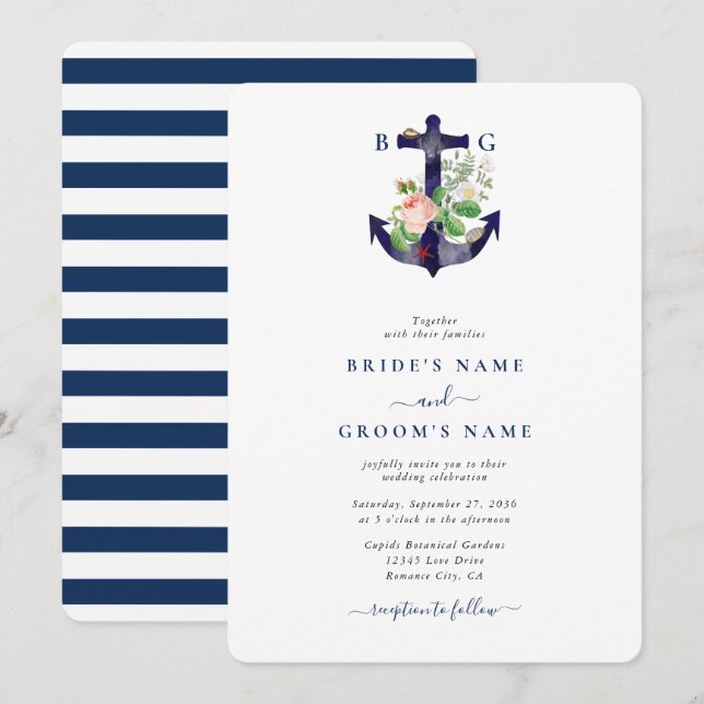 Invitation Ancre Botanique Floral Nautique Mariage d'été (Devant / Derrière)