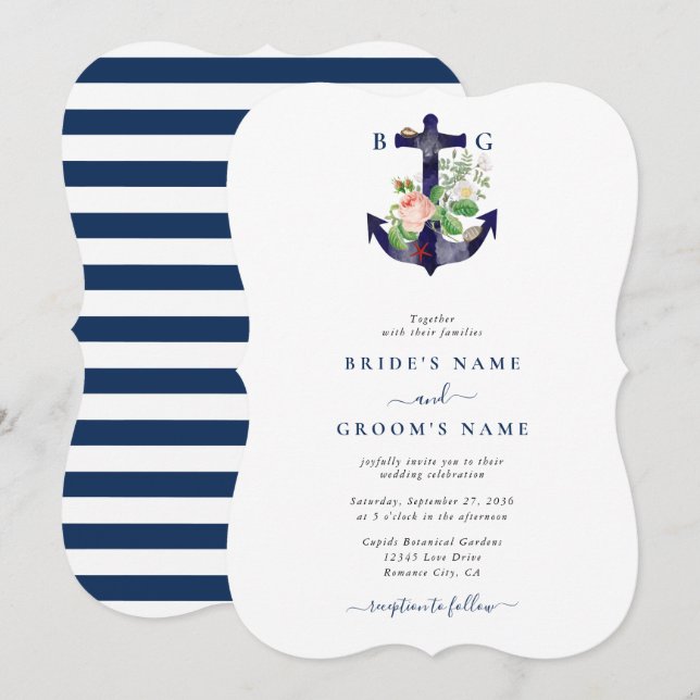 Invitation Ancre Botanique Floral Nautique Mariage d'été (Devant / Derrière)