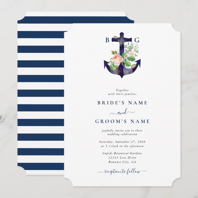 Invitation Ancre Botanique Floral Nautique Mariage d'été (Devant / Derrière)