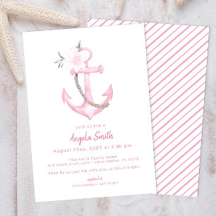 Invitation Ancre côtière Baby shower de fille rose nautique