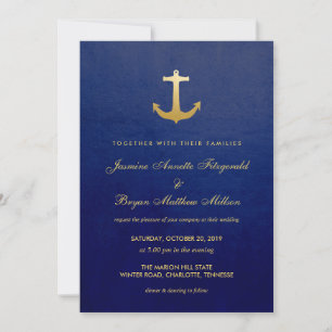 Invitation Ancre de la Marine Blue Nautical Faux Gold Foil