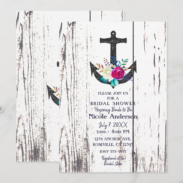 Invitation Ancre de plage rustique et Fête des mariées floral (Devant / Derrière)