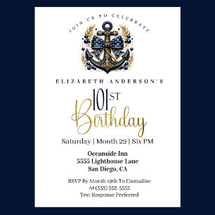 Invitation Ancre de proue nautique bleue et or 101e anniversa