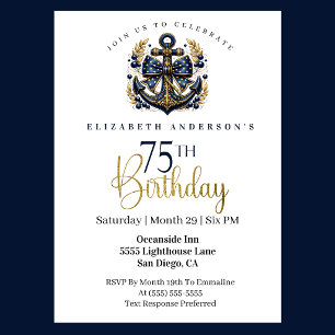 Invitation Ancre de proue nautique bleue et or 75e anniversai