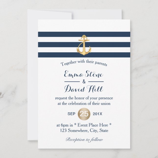 Invitation Ancre d'or Brise marine Mariage nautique (Devant)