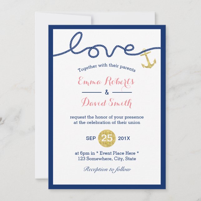 Invitation Ancre d'or Mariage nautique bleu marine (Devant)