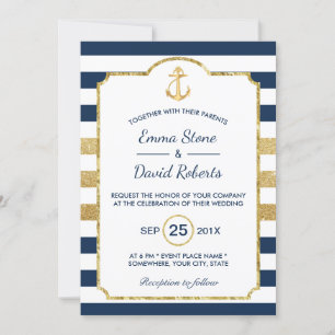 Invitation Ancre d'or Marine & Gold Stripes Mariage nautique