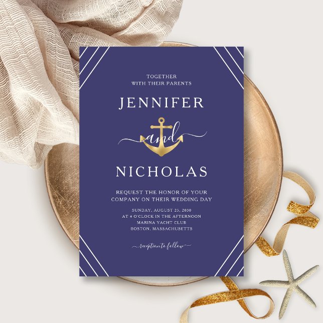 Invitation Ancre d'or nautique rayures Mariage bleu marine (Front / Nautical Gold Anchor Stripes Navy Blue Wedding Invitation)