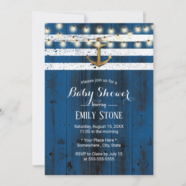 Invitation Ancre d'or nautique rustique Baby shower de grange (Devant)