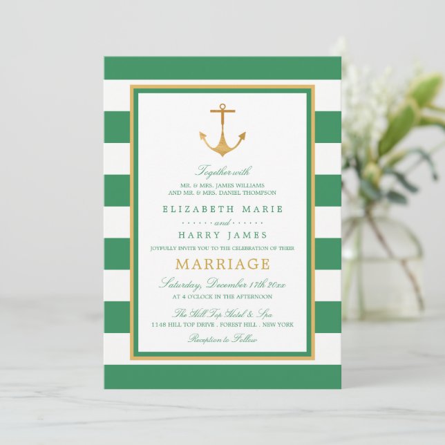 Invitation Ancre d'or nautique, Sea Green et Mariage d'or (Debout devant)