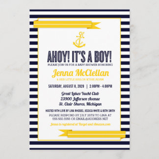 Invitation Ancre en bande marine Baby shower jaune et marine