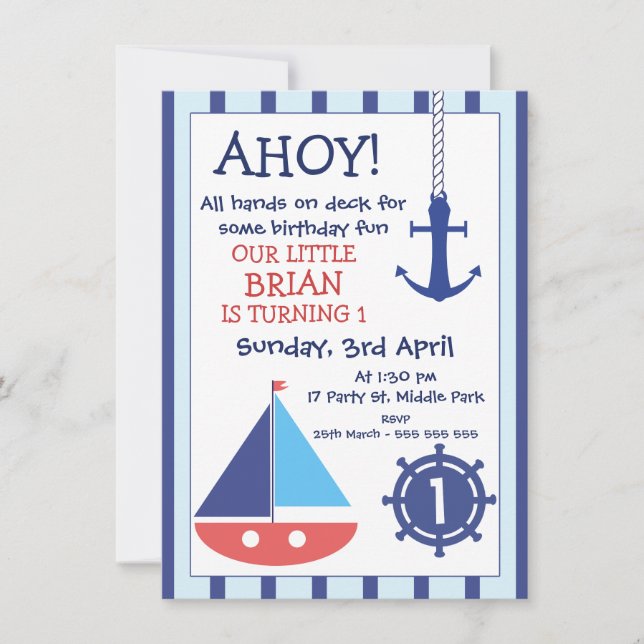 Invitation Ancre Et Bateau À Voile Nautique Anniversaire Invi (Devant)
