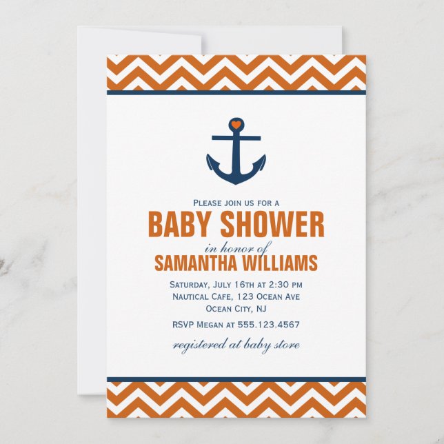Invitation Ancre et Chevrons Baby shower nautique {tangerine} (Devant)