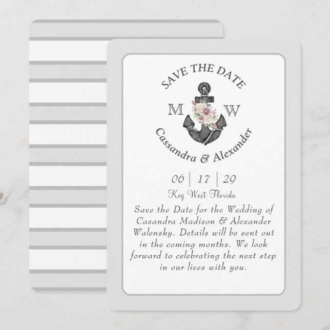 Invitation Ancre florale blanc argent gris Mariage nautique (Devant / Derrière)
