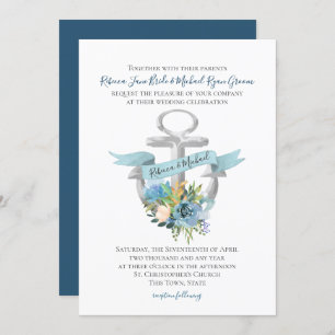 Invitation Ancre Florale Bleue Aquarelle Nautique Mariage Inv