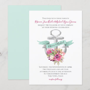 Invitation Ancre florale Mariage d'aquarelle marine