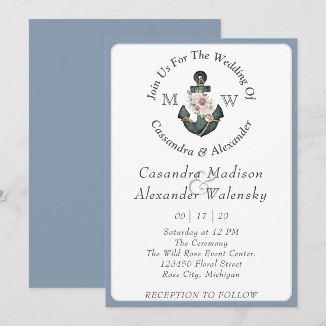 Invitation Ancre florale Mariage nautique Dusty Blue (Devant / Derrière)