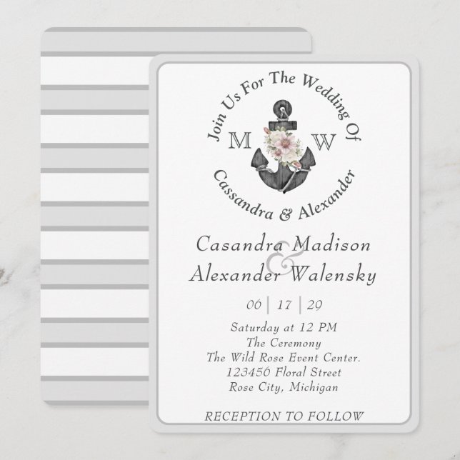 Invitation Ancre florale Mariage nautique Gris argenté (Devant / Derrière)