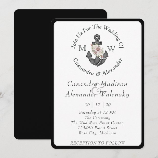 Invitation Ancre florale Mariage nautique noir blanc bande (Devant / Derrière)
