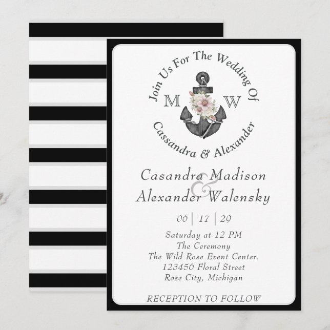 Invitation Ancre florale Mariage nautique noir blanc bande (Devant / Derrière)