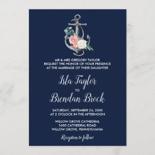 Invitation Ancre florale   Mariage officiel de la Marine
