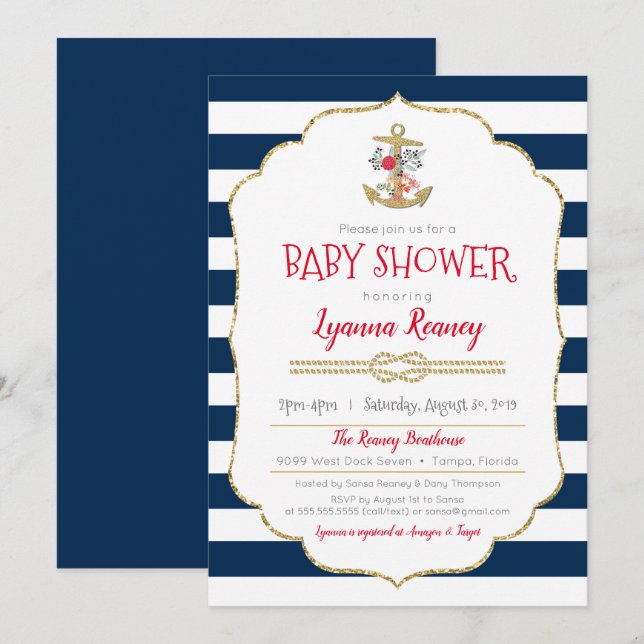 Invitation Ancre florale marine Baby shower bleu rouge (Devant / Derrière)