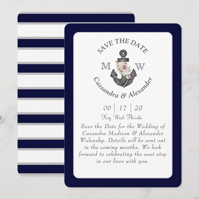 Invitation Ancre florale Marine Bleu Blanc Mariage nautique (Devant / Derrière)