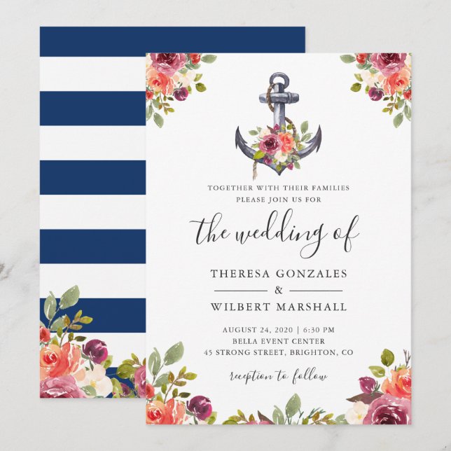 Invitation Ancre florale marine  bleu Mariage (Devant / Derrière)