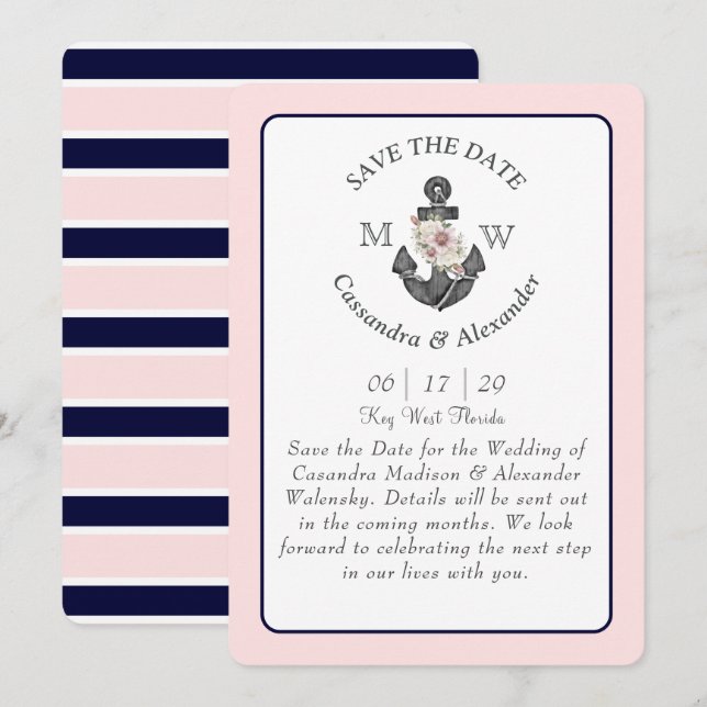 Invitation Ancre florale Marine bleu rose Mariage nautique (Devant / Derrière)