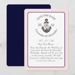 Invitation Ancre florale Marine bleu rose Mariage nautique