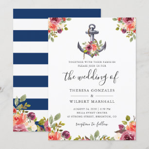 Invitation Ancre florale marine Mariage Blue Stripes