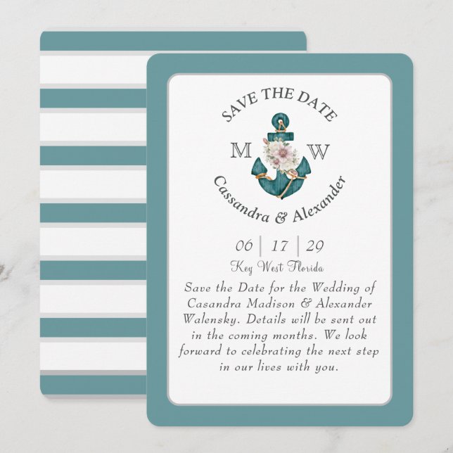 Invitation Ancre florale Turquoise Aqua Blue Mariage nautique (Devant / Derrière)