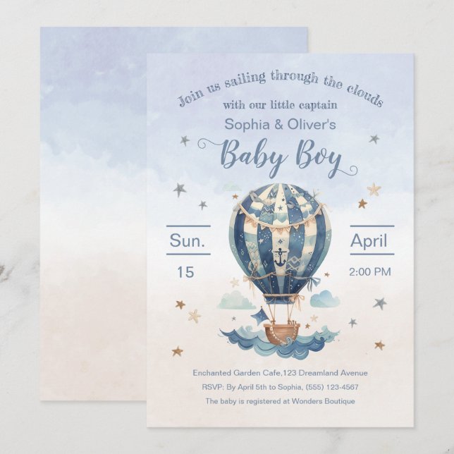 Invitation Ancre Hot Air Balloon Boy Baby shower aquarelle (Devant / Derrière)