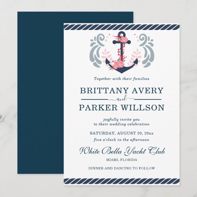 Invitation Ancre Mariage nautique moderne (Devant / Derrière)