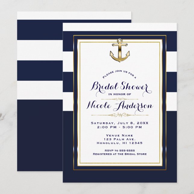 Invitation Ancre marine blanche et or Fête des mariées nautiq (Devant / Derrière)