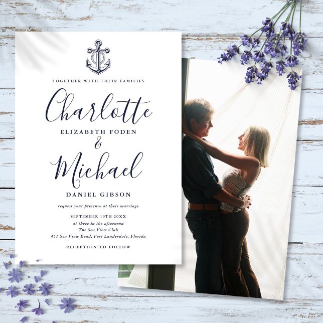 Invitation Ancre marine Bleu  nautique Mariage photo (Navy Blue Script Nautical Anchor Photo Wedding Invitation)