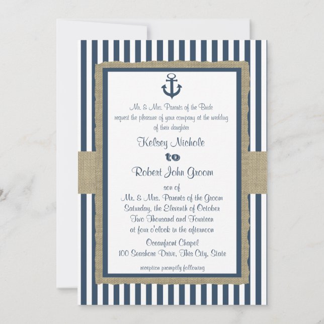 Invitation Ancre Marine Blue Stripes Beach Mariage (Dos)
