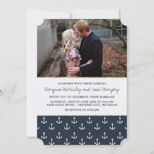 Invitation Ancre marine et Mariage photo Gold