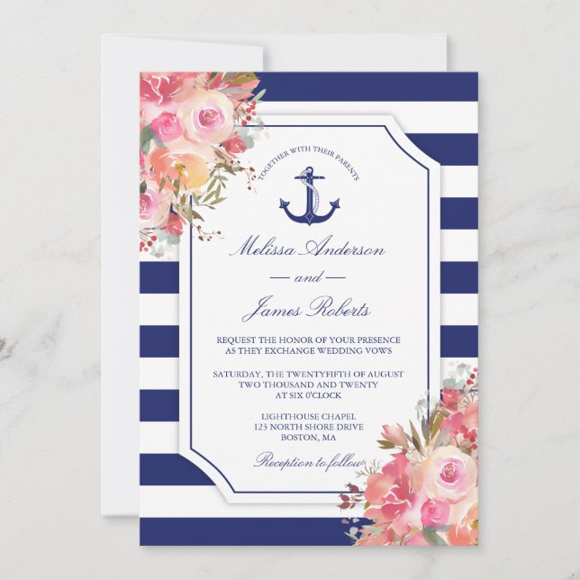 Invitation Ancre marine Mariage Flore Rose Bleu Grandes (Devant)