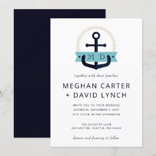 Invitation Ancre marine moderne Monogramme nautique Mariage I