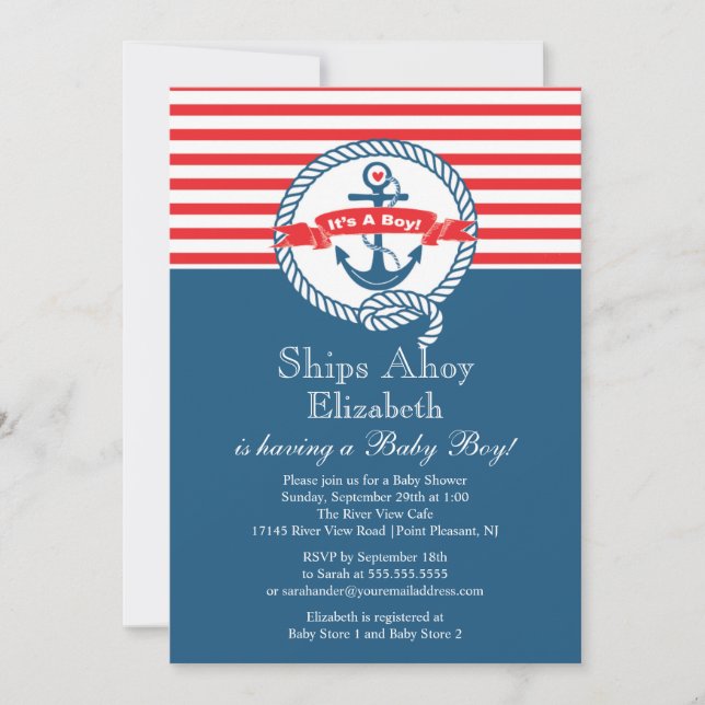 Invitation Ancre moderne Nautical Sailboat Baby shower Boy (Devant)