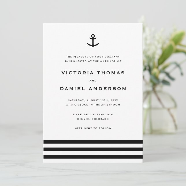 Invitation Ancre moderne noir et blanc Mariage nautique (Debout devant)