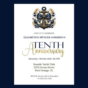 Invitation Ancre Naúticale Bleu Or 10e Anniversaire de Mariag