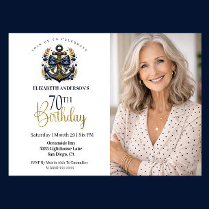 Invitation Ancre Naúticale Bleue et Or 70e Anniversaire Photo