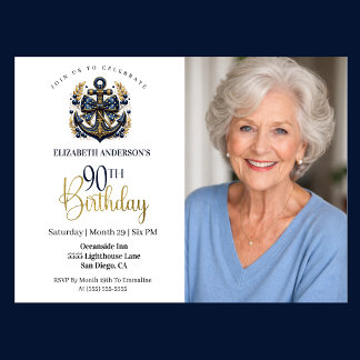 Invitation Ancre Naúticale Bleue et Or 90e Anniversaire Photo