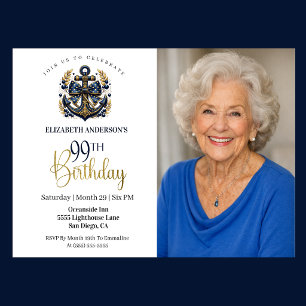 Invitation Ancre Naúticale Bleue et Or 99e Anniversaire Photo