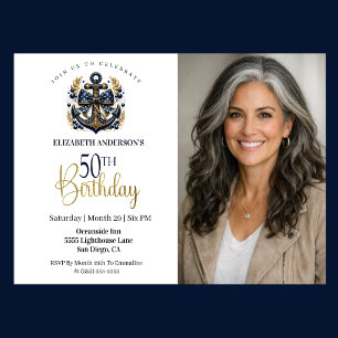 Invitation Ancre Nautione Bleue et Or 50e Anniversaire Photo